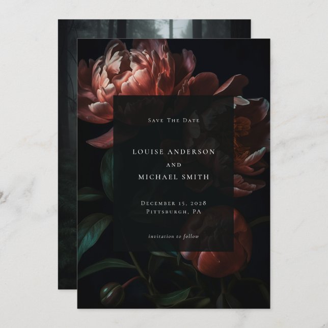 Dark Romantic Black Peony Floral Wedding Photo Save The Date (Front/Back)