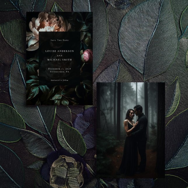 Dark Romantic Black Peony Floral Wedding Photo Save The Date (Creator Uploaded)