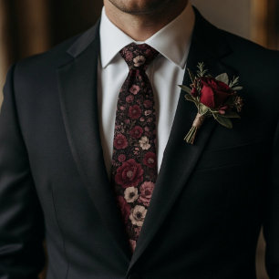 Dark Romantic Burgundy & Dusty Rose Black Floral Tie
