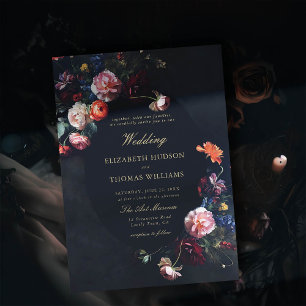 Dark Romantic Fairytale Moody Bouquet Navy Wedding Invitation