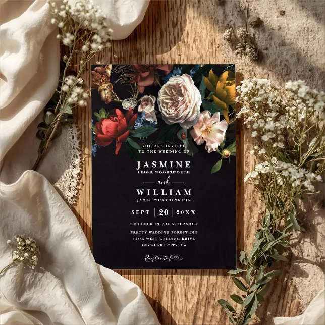 Dark Romantic Floral Dutch Chic QR Code Wedding Invitation (Creator Uploaded)