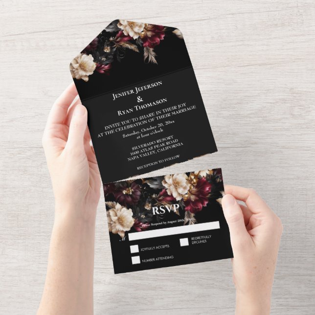 Dark Romantic Floral Gothic Wedding All In One Invitation (Tearaway)