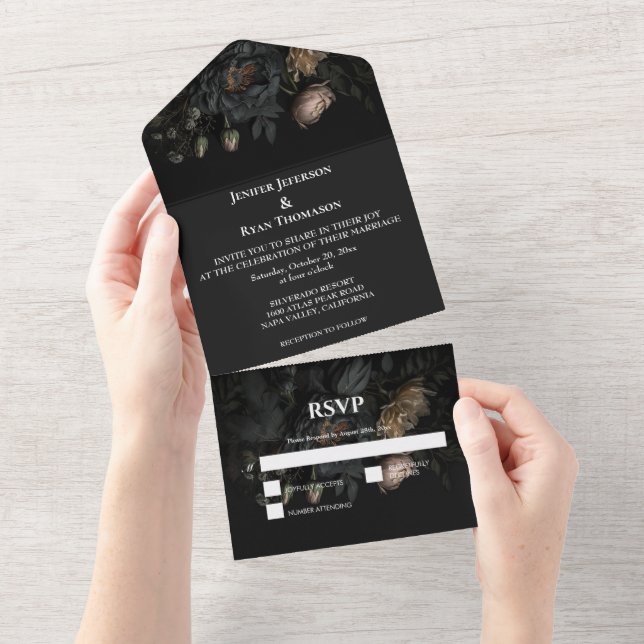 Dark Romantic Floral Gothic Wedding All In One Invitation (Tearaway)
