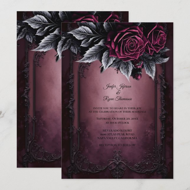 Dark Romantic Floral Gothic wedding invitation (Front/Back)