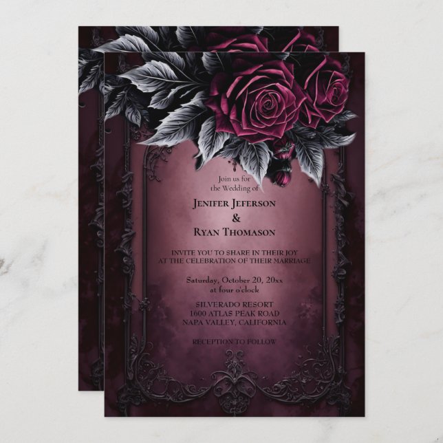 Dark Romantic Floral Gothic wedding invitation (Front/Back)