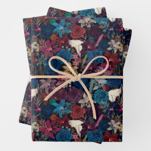 Dark Romantic Floral Pattern Wrapping Paper Sheet