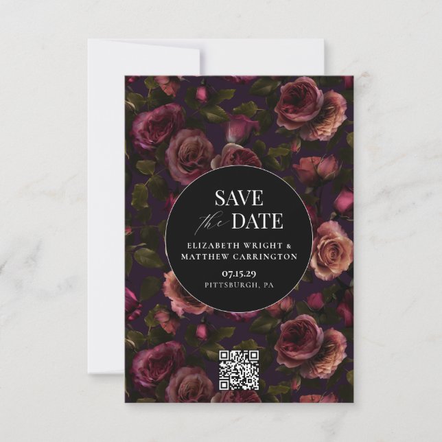 Dark  Romantic Floral Photo Save The Date Card (Front)