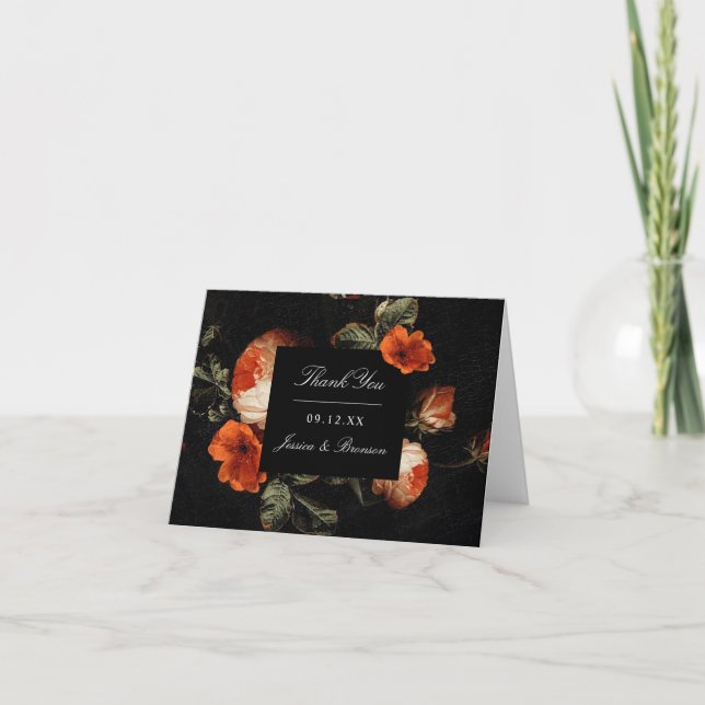 Dark Romantic Floral Roses Dutch Master Wedding Thank You Card (Front)