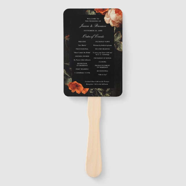 Dark Romantic Floral Roses Dutch  Wedding Program Hand Fan (Front)