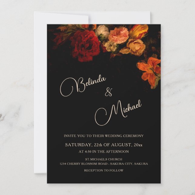 Dark Romantic Flowers | Photo Wedding Invitation (Front)