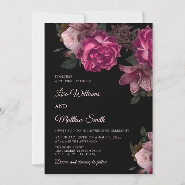 Dark Romantic Hand Drawn Roses Wedding Invitation (Front)