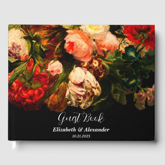 Dark romantic moody elegant floral wedding guest book (Front)