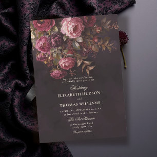 Dark Romantic Moody Floral Burgundy Wedding Invitation