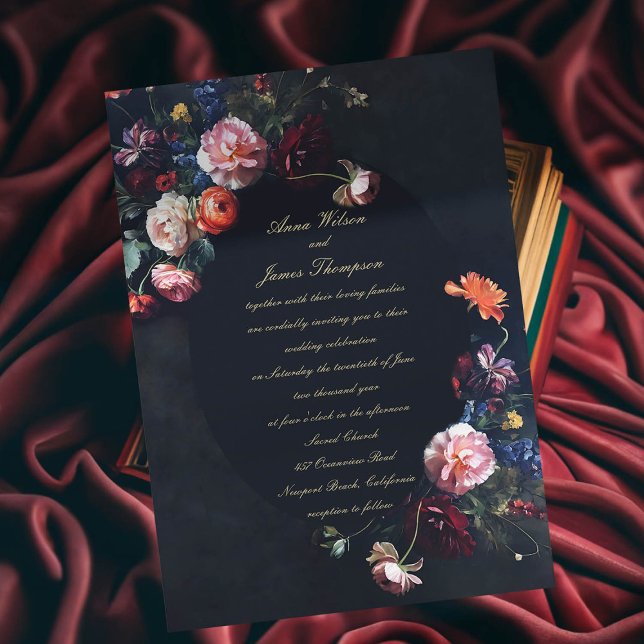 Dark Romantic Moody Floral Calligraphy Wedding Invitation (dark romantic wedding invitation fairytale romance black navy dutch masters floral frame painting )