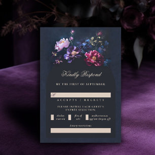 Dark Romantic Moody Florals Jewel Black Wedding RSVP Card