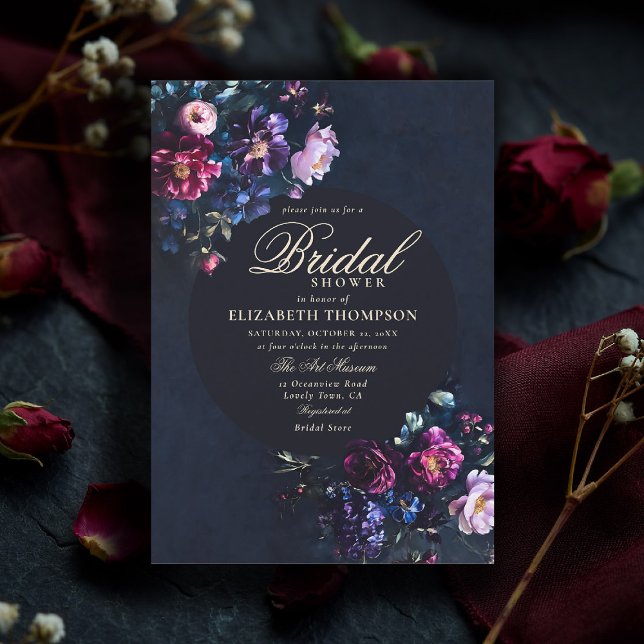 Dark Romantic Moody Florals Jewel Bridal Shower Invitation (jewel tone bridal shower invitation dark moody romantic gothic dutch painting navy blue emerald fuch)