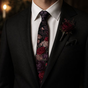 Dark Romantic Plum Peony Crimson Rose Black Floral Tie