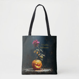 Dark Romantic Pumpkin and Rose Halloween Tote Bag