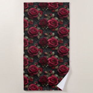 Dark Romantic Red Roses and Buds on Black Lace Beach Towel
