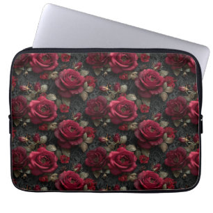 Dark Romantic Red Roses and Buds on Black Lace Laptop Sleeve