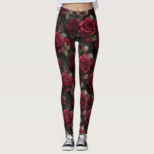 Dark Romantic Red Roses and Buds on Black Lace Leggings (Front)
