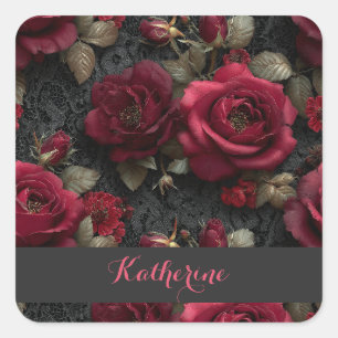 Dark Romantic Red Roses and Buds on Black Lace Square Sticker