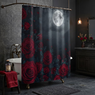 Dark Romantic Red Roses & Full Moon Shower Curtain