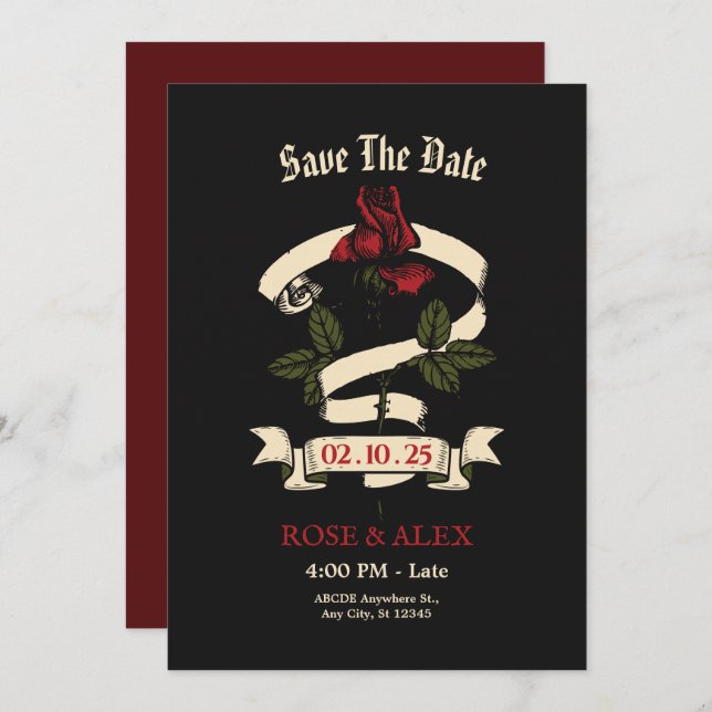 Dark Romantic Rose wedding Save The Date (Front/Back)