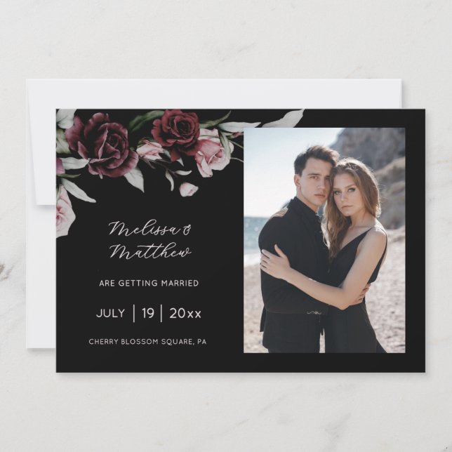 Dark Romantic Roses Black Wedding Save The Date (Front)