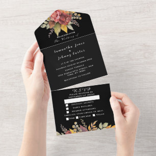 Dark Romantic Roses Floral Script Wedding All In One Invitation