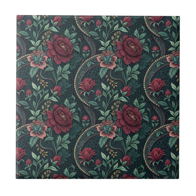 Dark Romantic Roses Gothic Floral Filigree Pattern Ceramic Tile (Front)