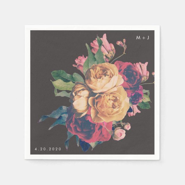 Dark Rose Botanical Fete Wedding Table Napkins (Front)