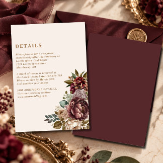Dark Rose Burgundy ivory winter Wedding Details Enclosure Card