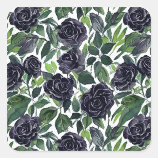 Dark rose delight, watercolor black rose pattern square sticker