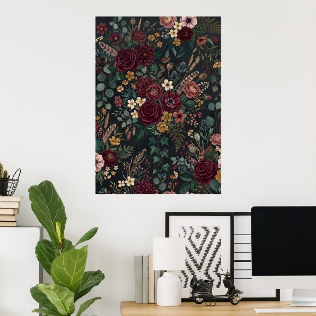 Dark Rose Floral Pattern Poster (Home Office)