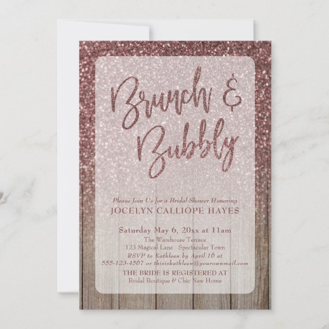 Dark Rose Gold Glitter Barn Wood Brunch & Bubbly Invitation (Front)