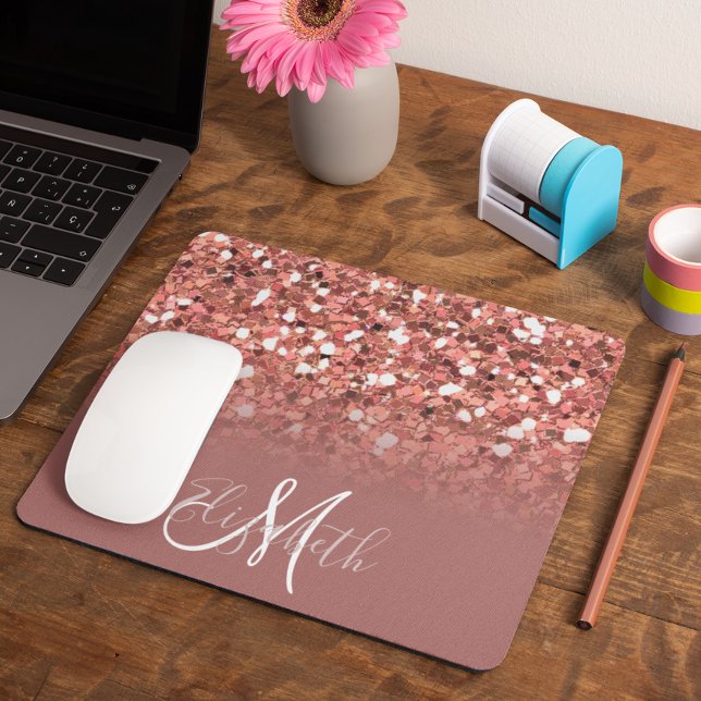 Dark Rose Gold Glitter Bling Personalized Mouse Pad (Creator Uploaded)