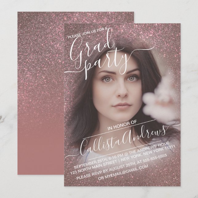 Dark Rose Gold Glitter Ombre Photo Graduation Invitation (Front/Back)