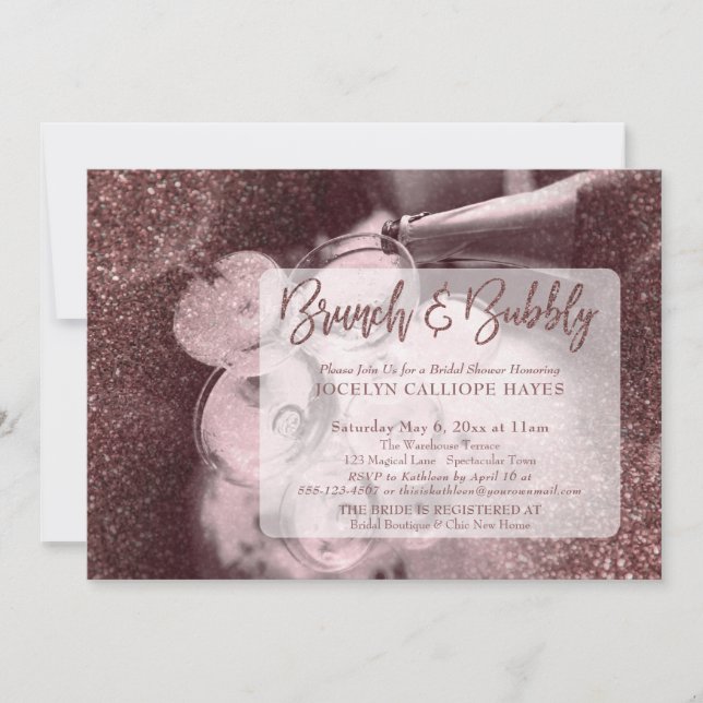 Dark Rose Gold Glitter Photo Brunch & Bubbly Invitation (Front)