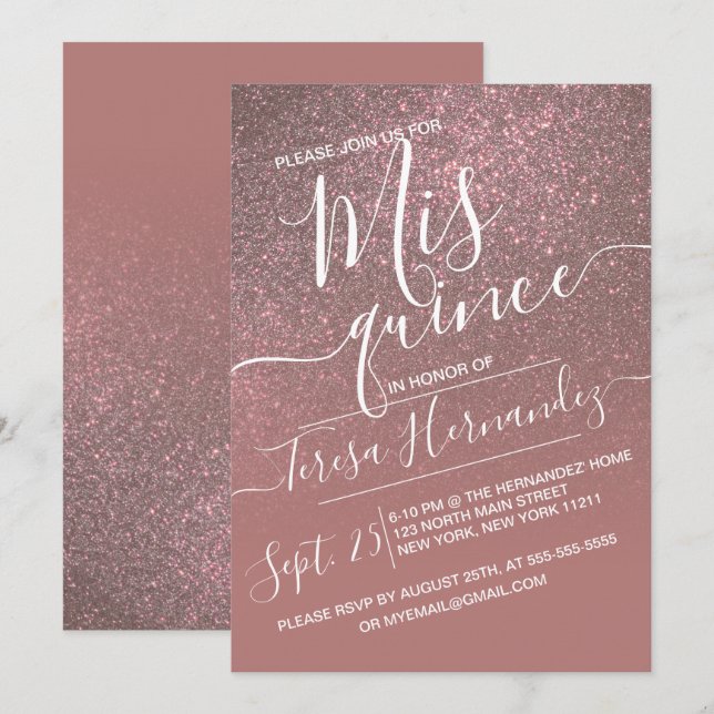 Dark Rose Gold Sparkly Glitter Ombre Quinceañera Invitation (Front/Back)
