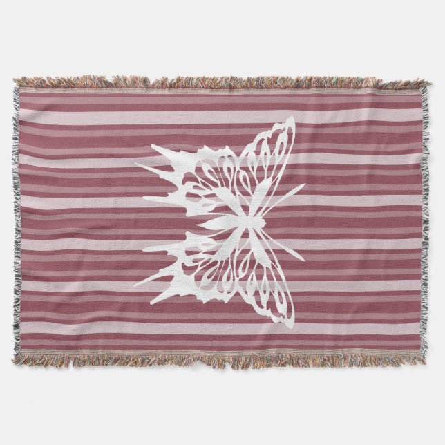 Dark Rose Victorian Stripe with Butterfly Throw Blanket (Front)