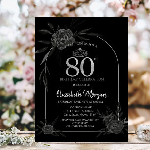 Dark Roses Black 80th Birthday Invitation