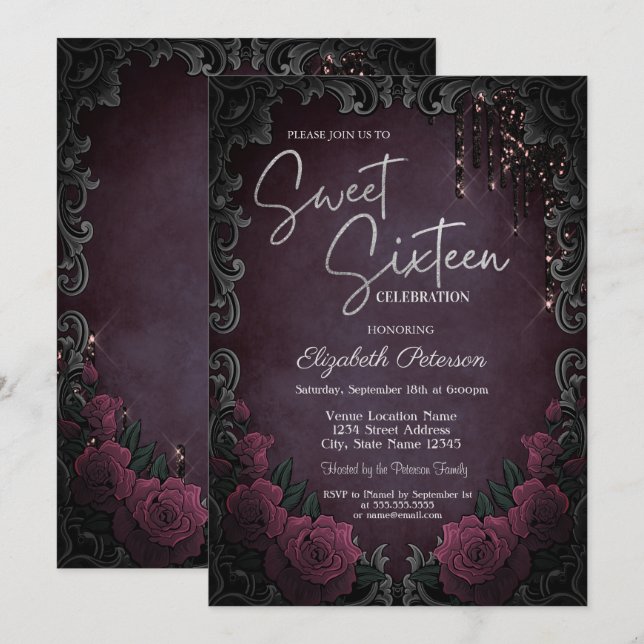 Dark Roses Frame Burgundy Glitter Drips Sweet 16  Invitation (Front/Back)