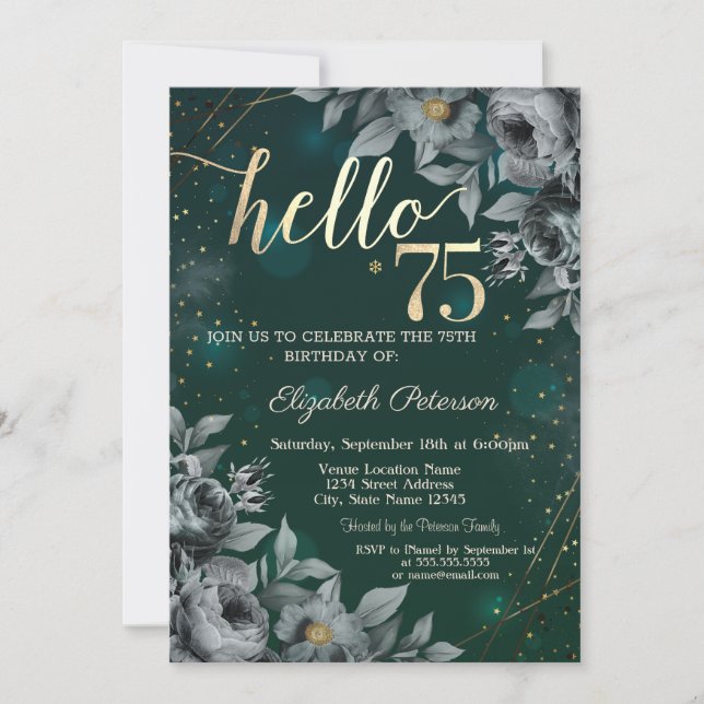 Dark Roses Green 75th Birthday Invitation (Front)