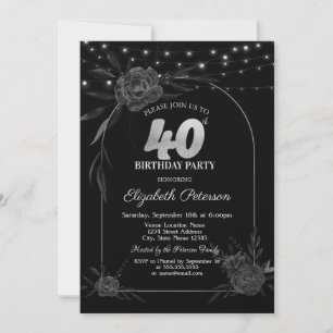 Dark Roses,String Lights Black 40th Birthday Invitation