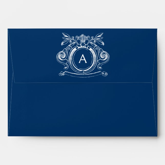 Dark Royal Blue A7 Scrollwork Monogram Envelopes (Back (Top Flap))
