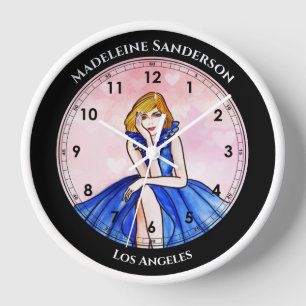 Dark Royal Blue Cocktail Gown Fashion Illustration Clock