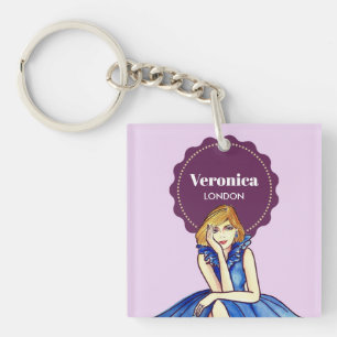 Dark Royal Blue Cocktail Gown Fashion Illustration Key Ring