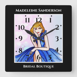 Dark Royal Blue Cocktail Gown Fashion Illustration Square Wall Clock