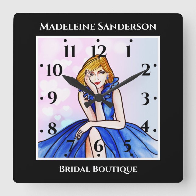 Dark Royal Blue Cocktail Gown Fashion Illustration Square Wall Clock (Front)